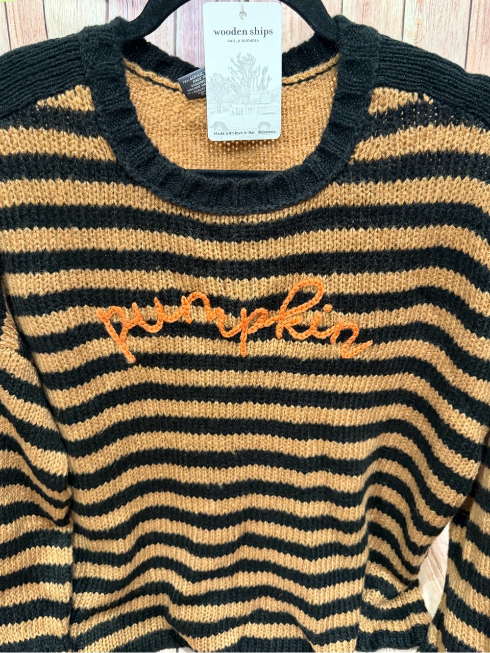 ✨NWT✨ Wooden Ships Black & Tan Striped 'Pumpkin' Crew Sweater -Size S/M